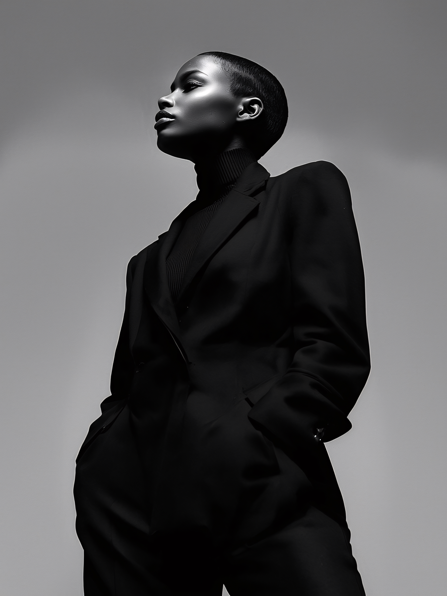 Editorial portrait in a dark tailored look